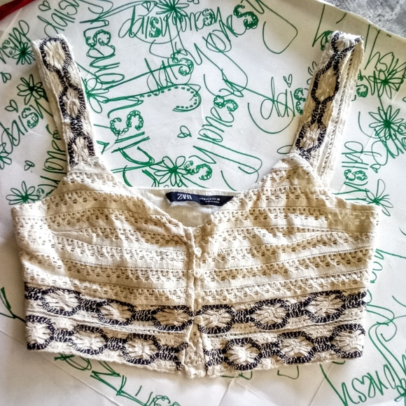 Vintage Zara BOHO Festival Wanderlust Black and Cream Lace Crop Top - Picture 1 of 6